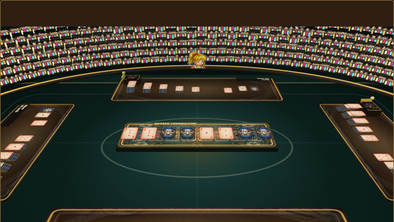 Battletaire 3D stadium seated camera angle with player boards and audience bowl.