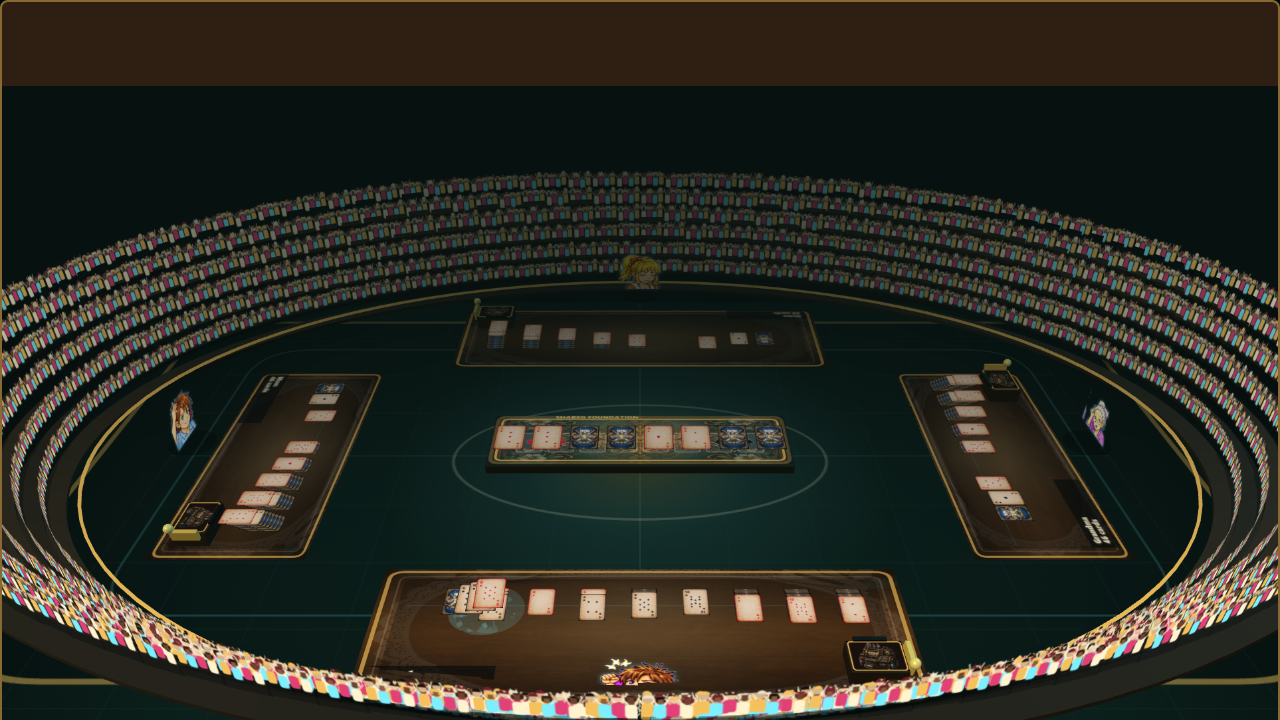Battletaire 3D broadcast stadium wide camera showing the full multiplayer solitaire arena.