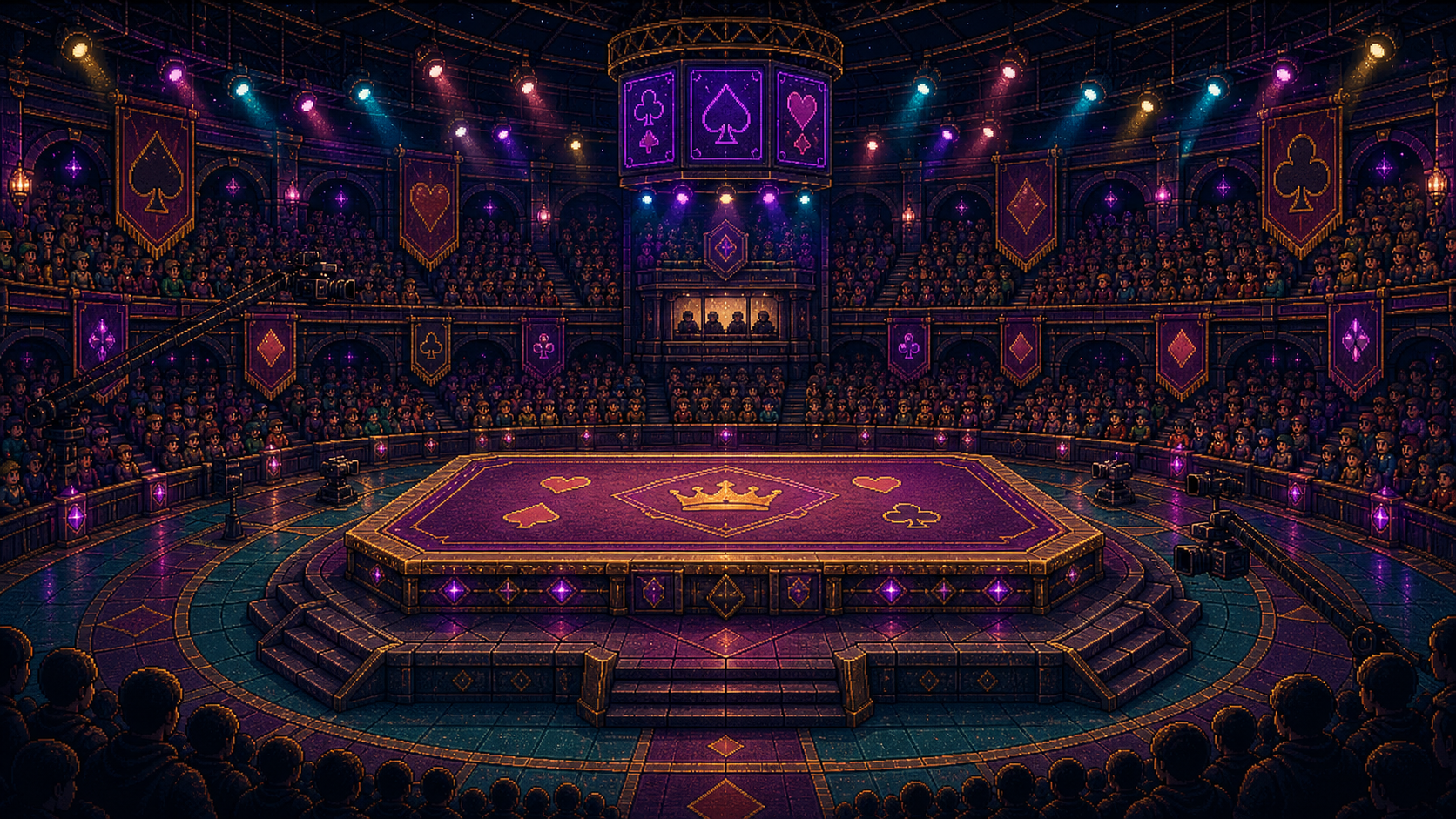 Battletaire arena story still with crowd and arcade card-game staging.
