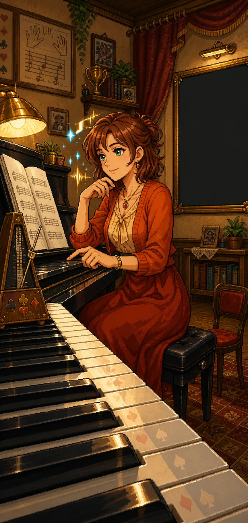Auntie at an upright piano in a warm lesson room with a blank framed panel for future gameplay footage.