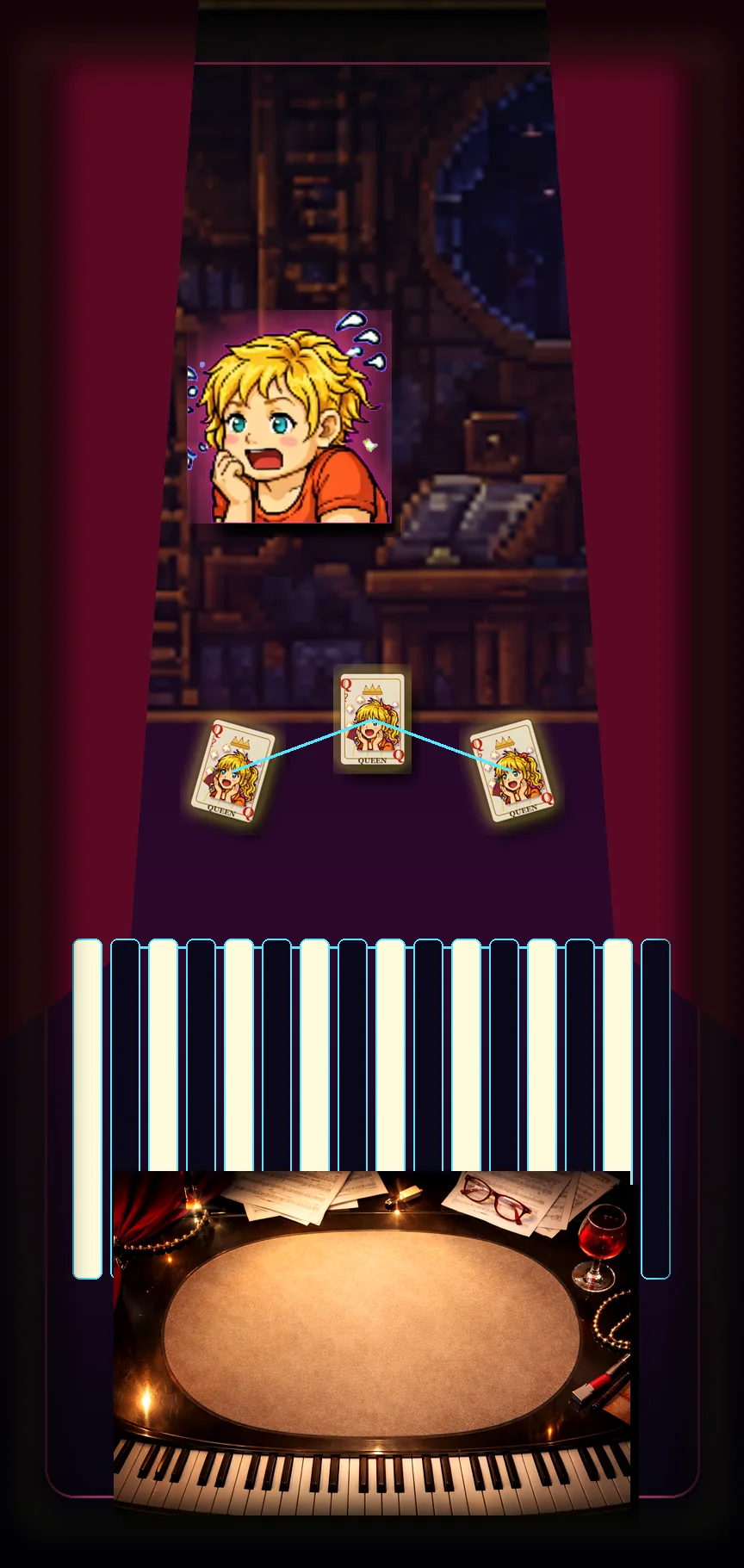 Aunt's Recital hero art with Aunt at a surreal piano-card stage and glowing royal card faces.
