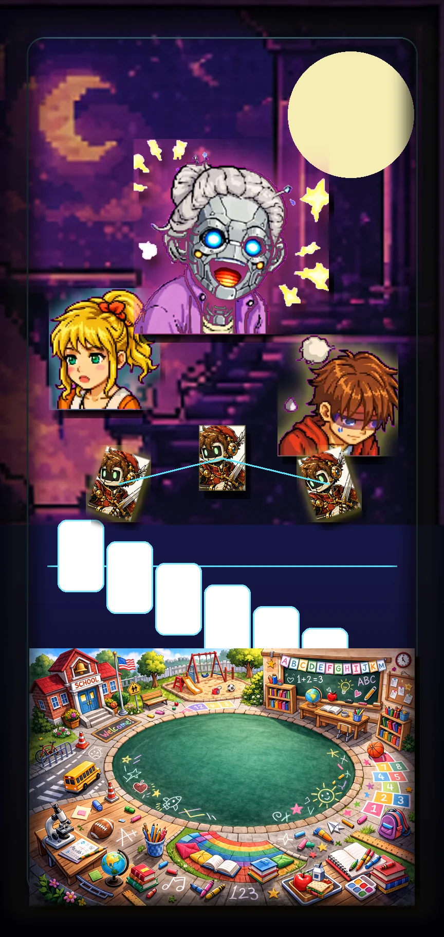 Bedtime Dream hero art with Robo Granny, the kids, dream furniture, glowing cards, and a floating card table.