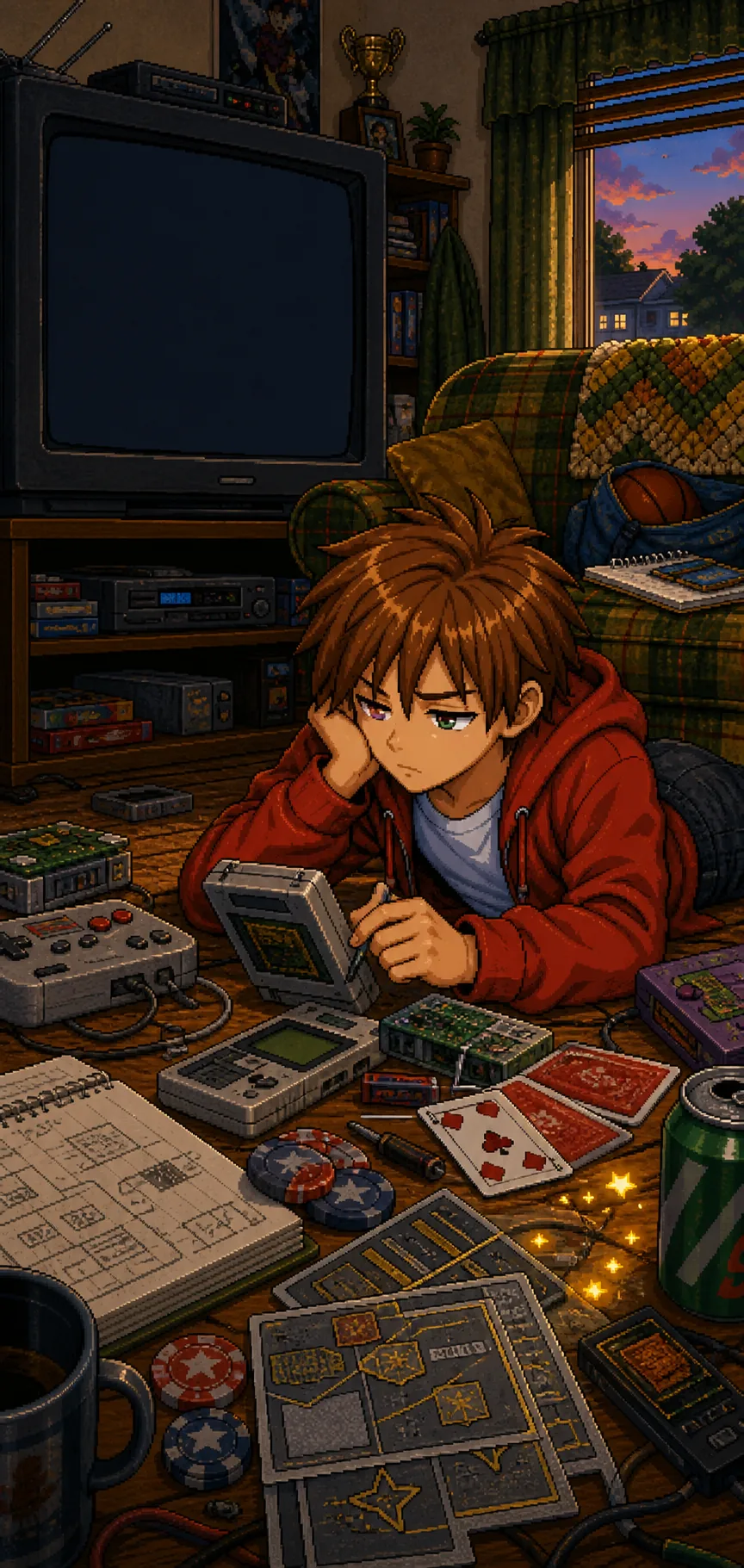 Grandson in a red hoodie tinkering with old devices, cards, and scratcher prototypes beside a blank CRT screen for gameplay.