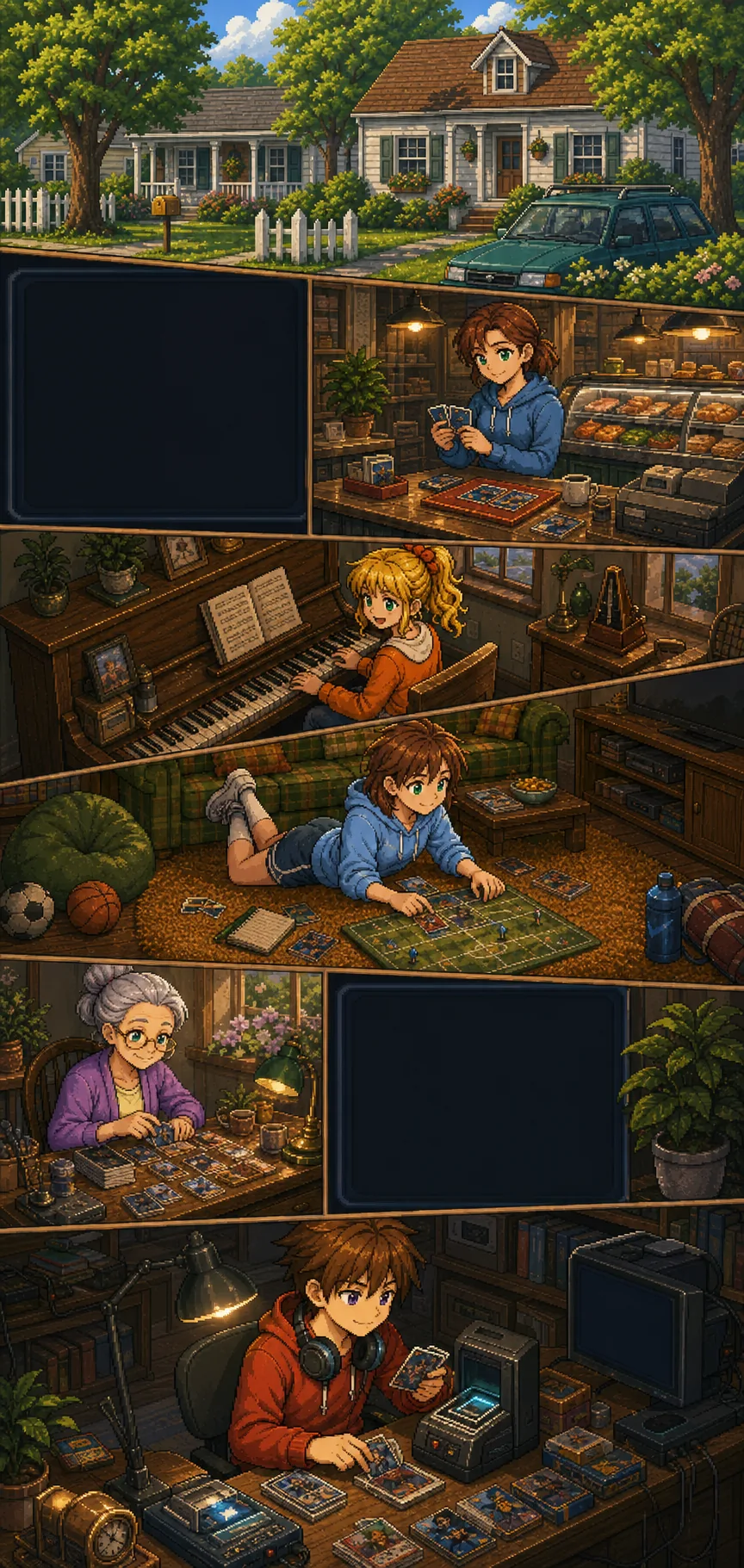 Grounded SNES-style comic panels of the Battletaire family world with shared foundations and reshuffle technology.
