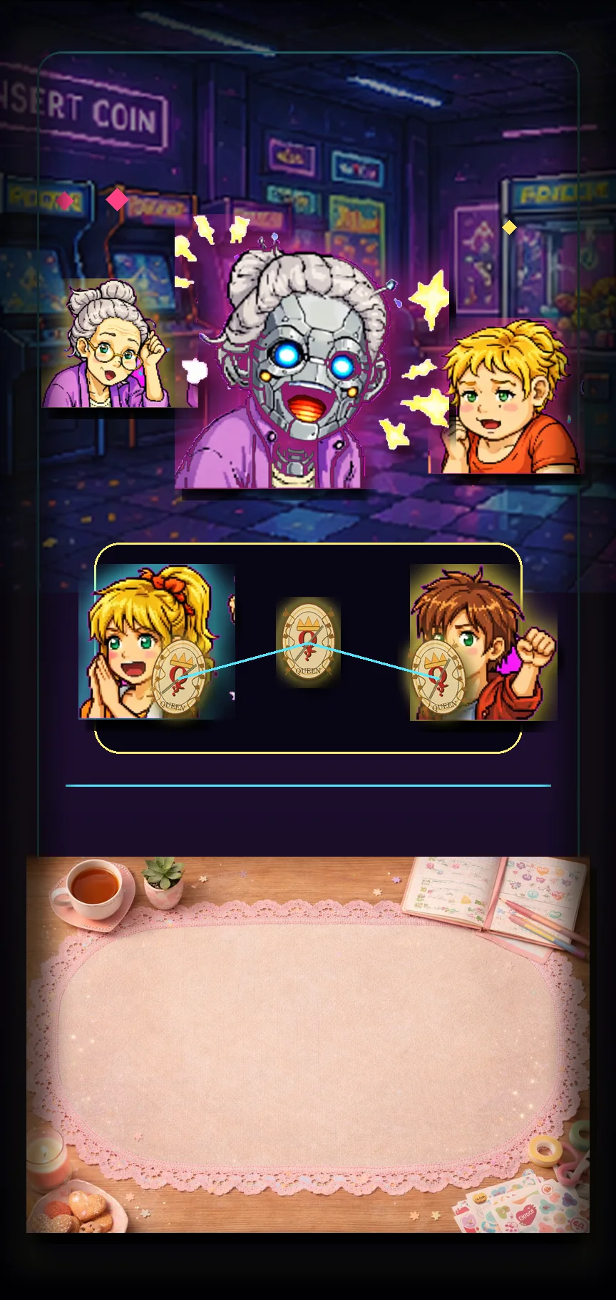 Battletaire character-select hero art with Robo Granny, family fighters, card faces, and the arcade table.