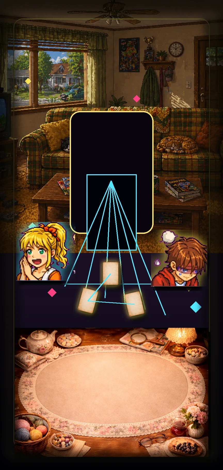 Grandma Got Stolen hero art with an empty dinner chair, family reactions, glowing cards, and a basement doorway.