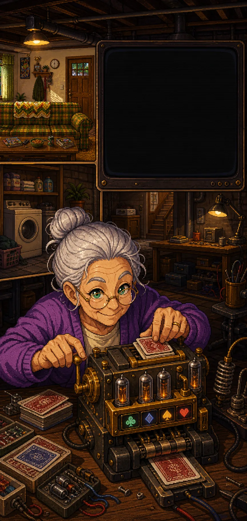 Grandma in a purple sweater tuning a brass reshuffle machine in a grounded basement workshop with a blank monitor panel for gameplay.