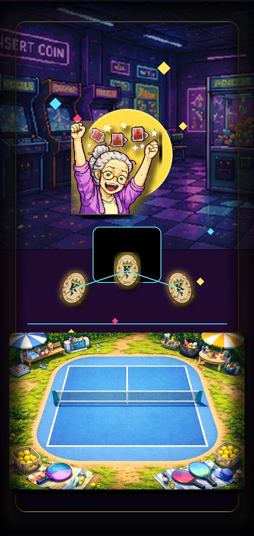 Grandma Stole Herself hero art with Grandma celebrating above an underground arcade card tournament table.