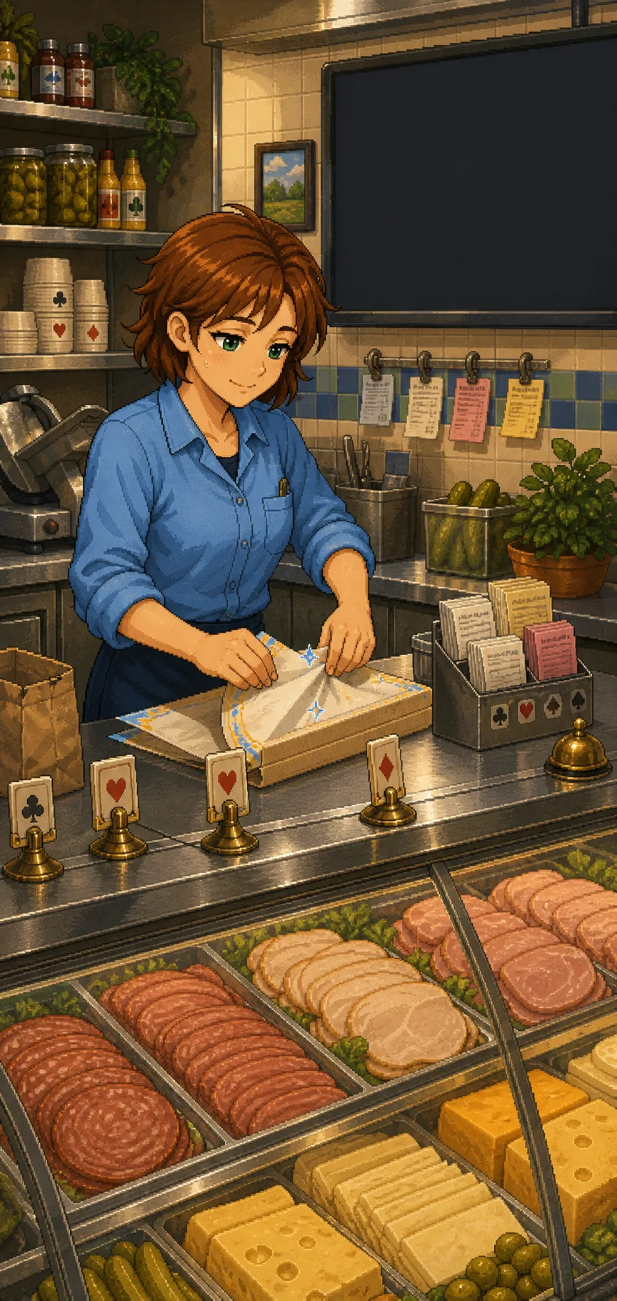 Mom in a blue deli work shirt wrapping food at a grocery store deli counter with a blank menu-board panel for gameplay.