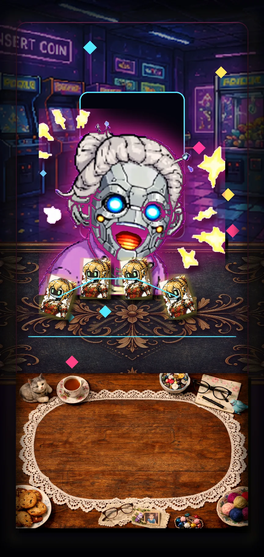 Robo Granny boss portrait over a neon Battletaire card table with clockwork royal card faces.