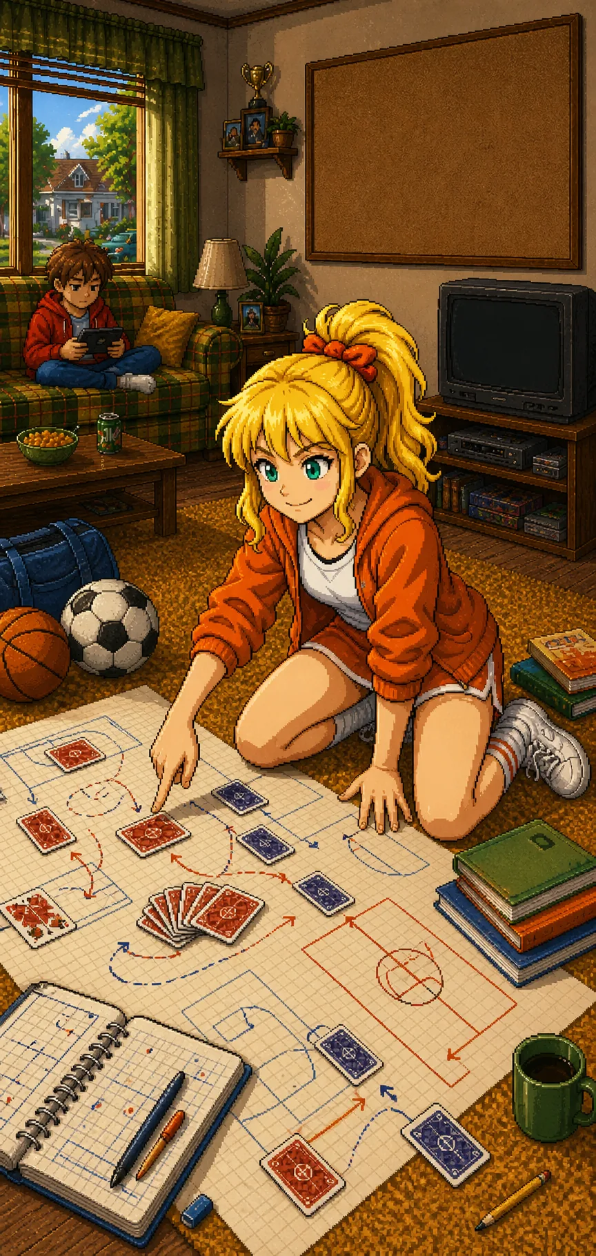 Granddaughter in an orange outfit planning card paths and sports strategy on a living-room floor with a blank TV panel for gameplay.